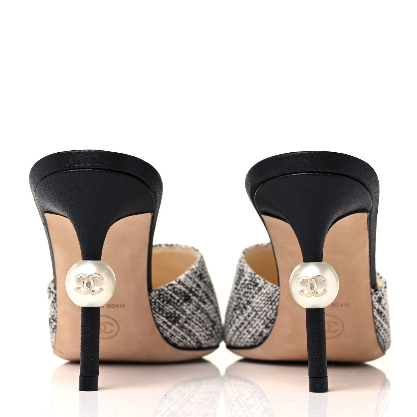 Tweed Goatskin Pearl Mules 36.5 Black White