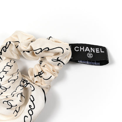 Chanel Silk Twill Square Scarf Hair Tie White Black 3 of 4