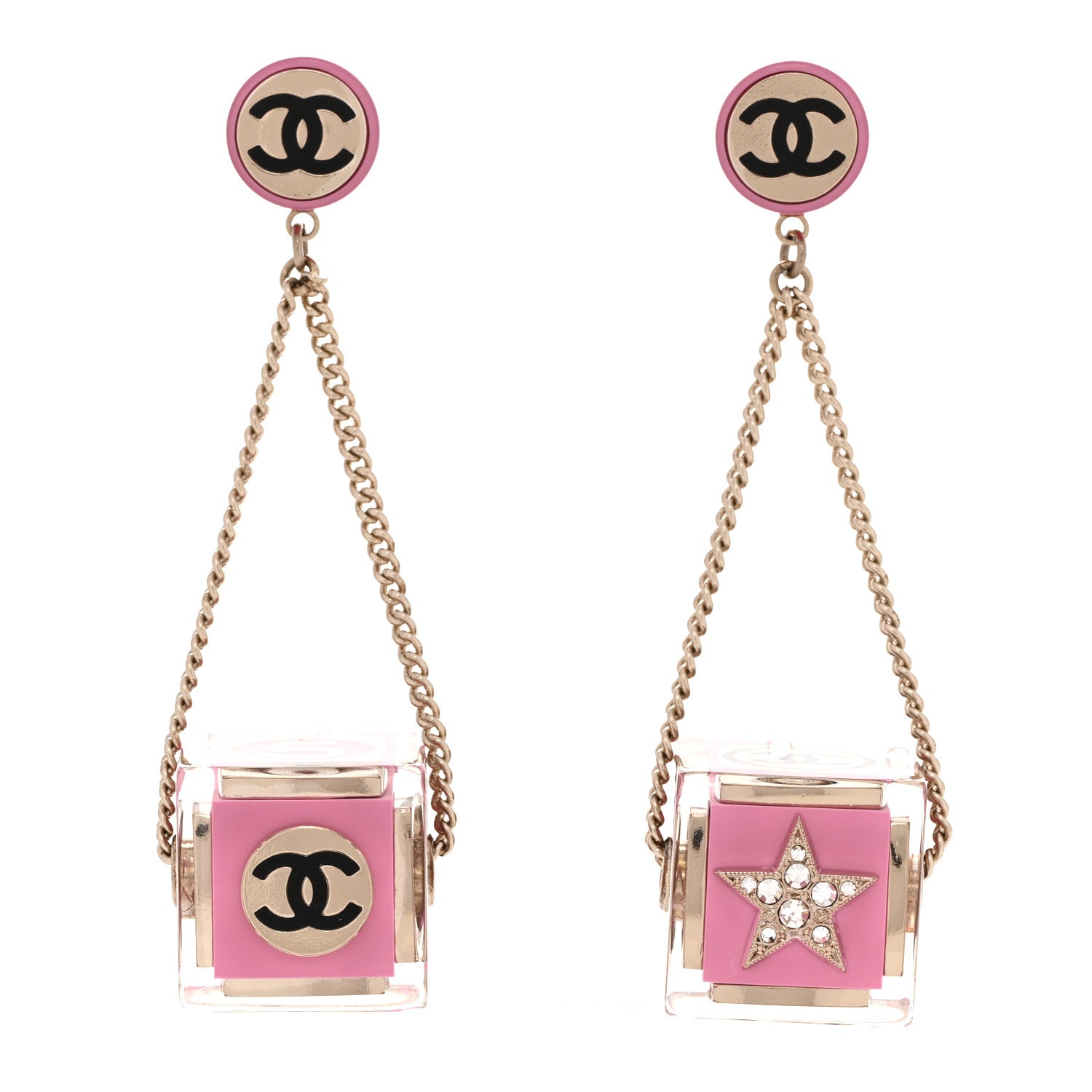 Chanel Resin Crystal CC Cube Drop Earrings Gold Pink 1 of 5