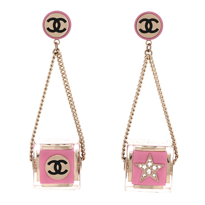 Chanel Resin Crystal CC Cube Drop Earrings Gold Pink 1 of 5