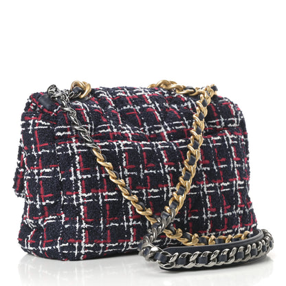 Chanel Tweed Quilted Large Chanel 19 Flap Navy Blue White Red 3 of 13