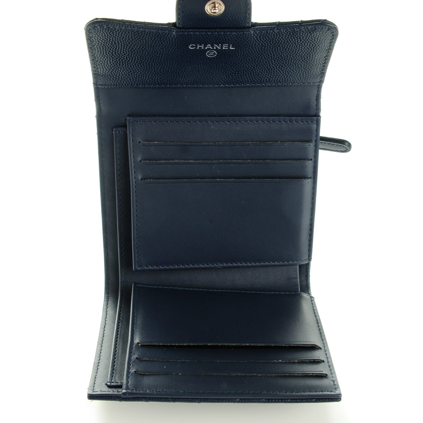 Caviar Chevron Quilted Compact Flap Wallet Navy