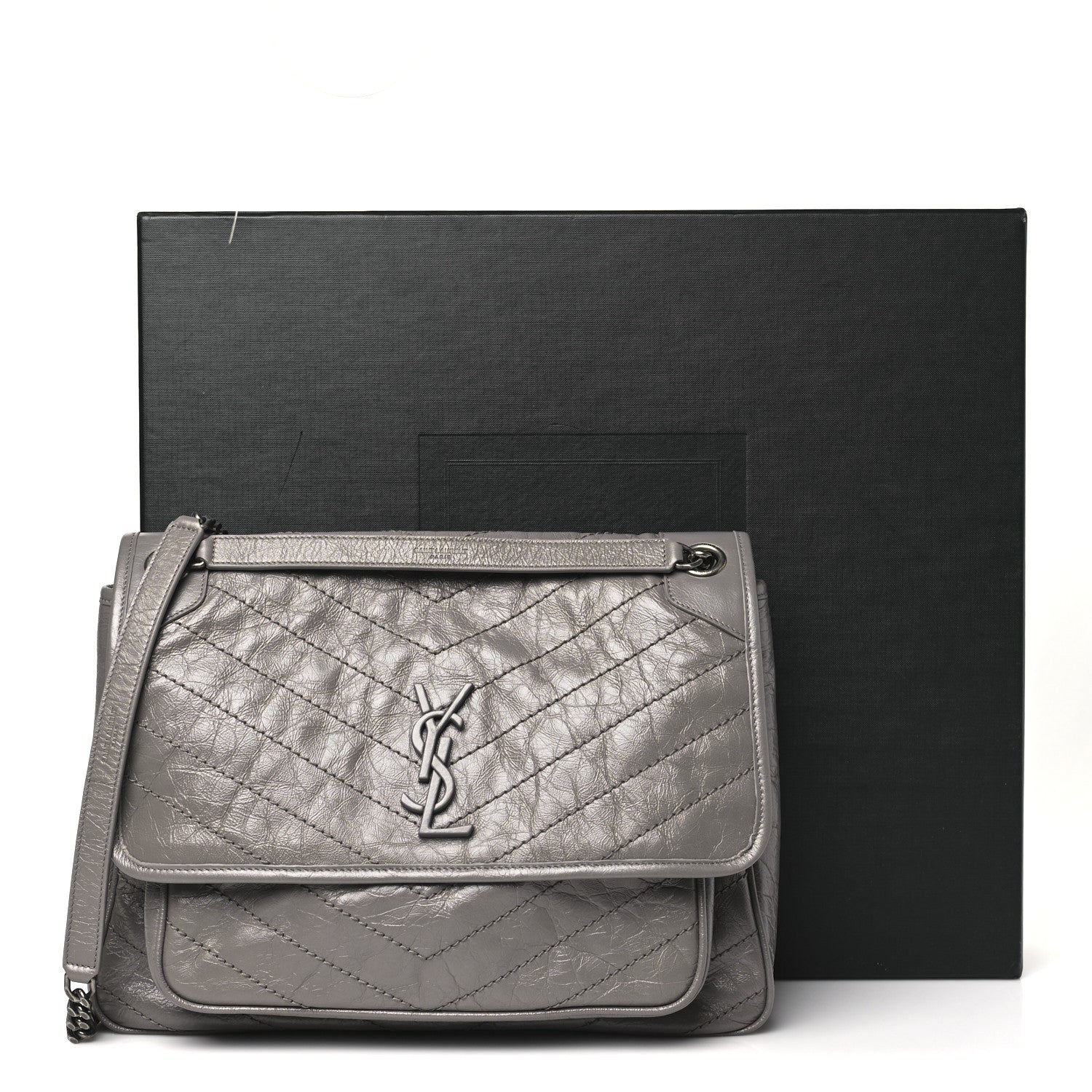 Saint Laurent Crinkled Calfskin Matelasse Monogram Large Niki Chain Satchel Fog 15 of 15