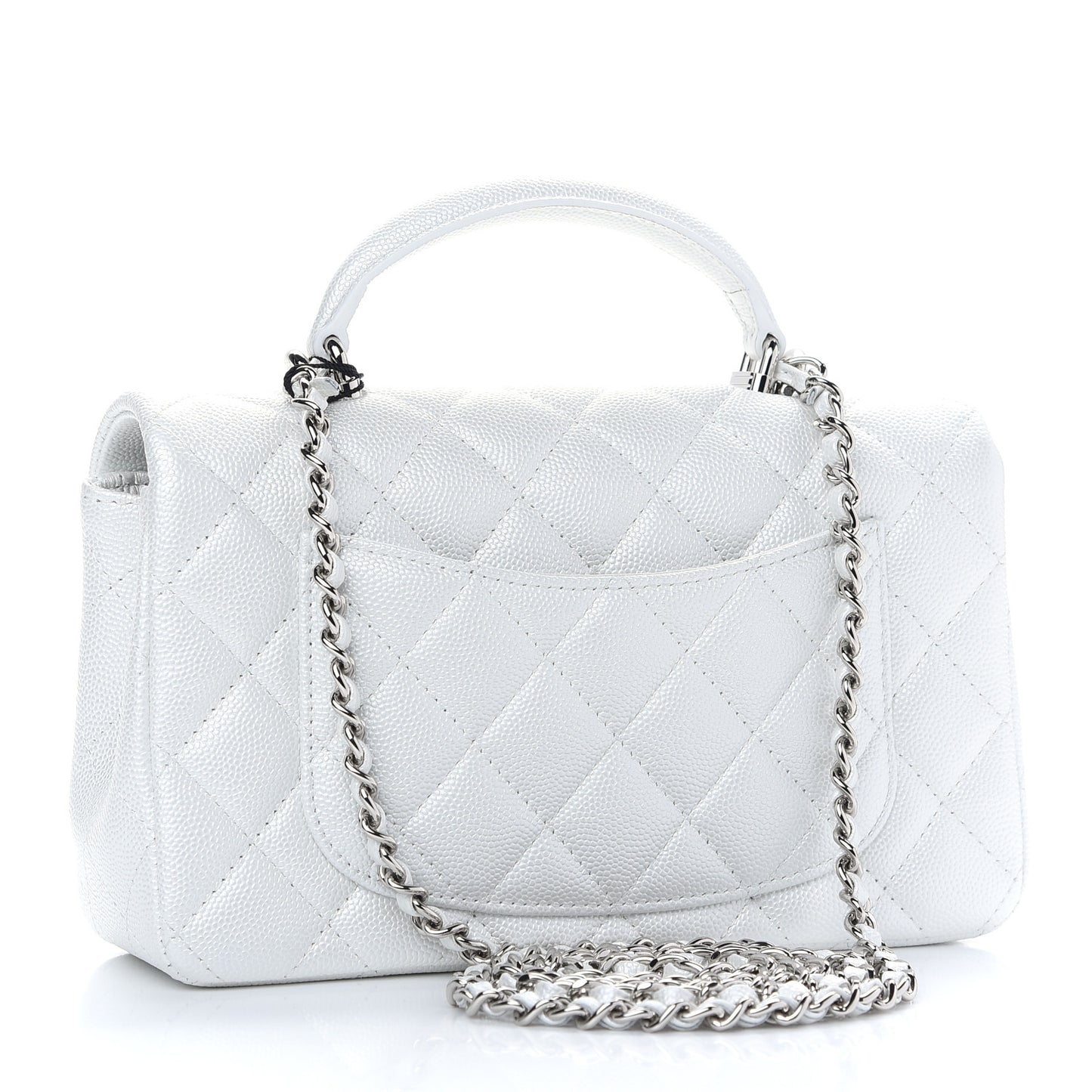 Iridescent Caviar Quilted Mini Top Handle Rectangular Flap White