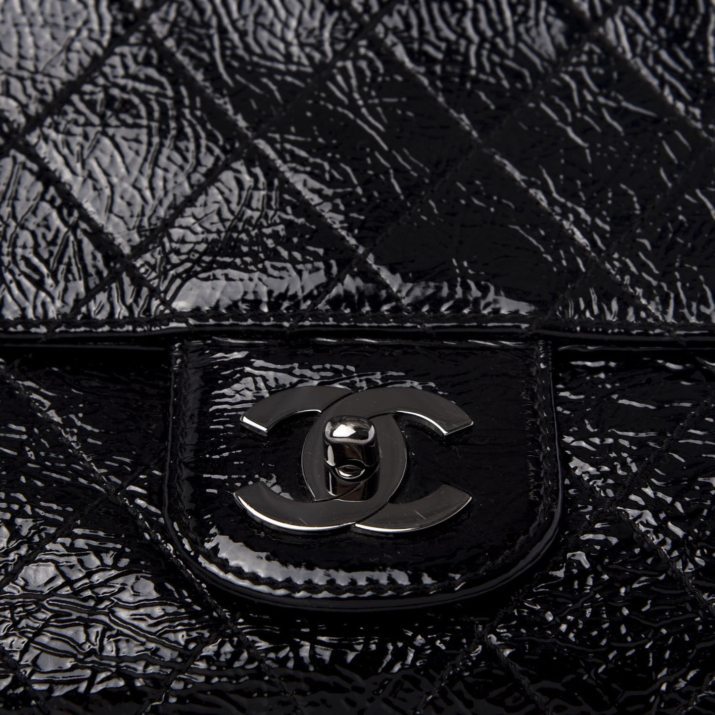 Distressed Patent Quilted Ritz Flap Bag Black