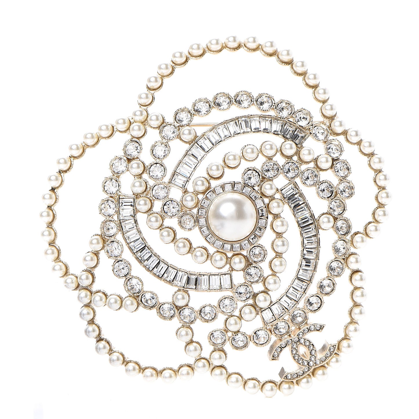 Pearl Crystal Lace Camellia Brooch Gold