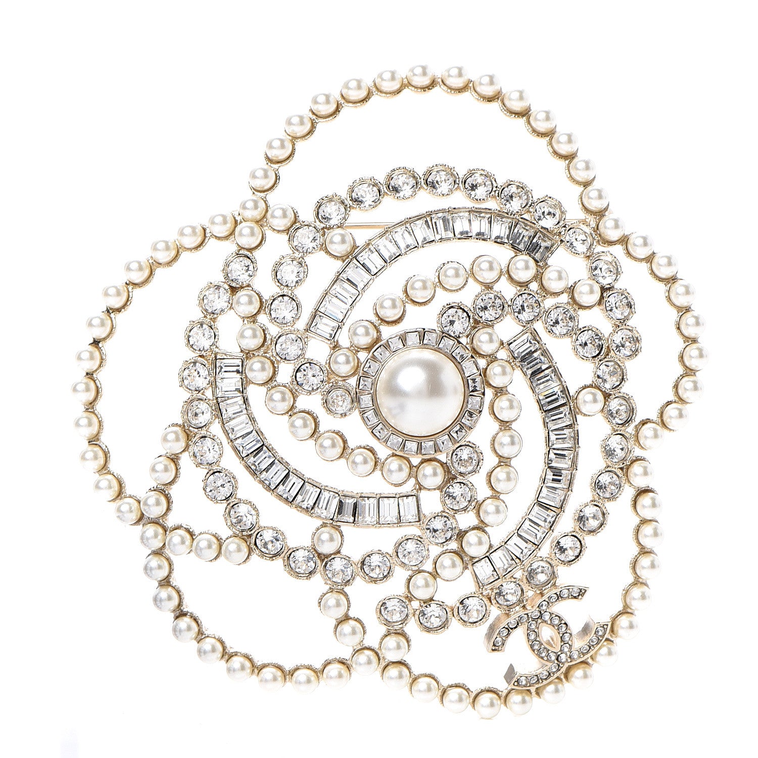 Chanel Pearl Crystal Lace Camellia Brooch Gold 1 of 4