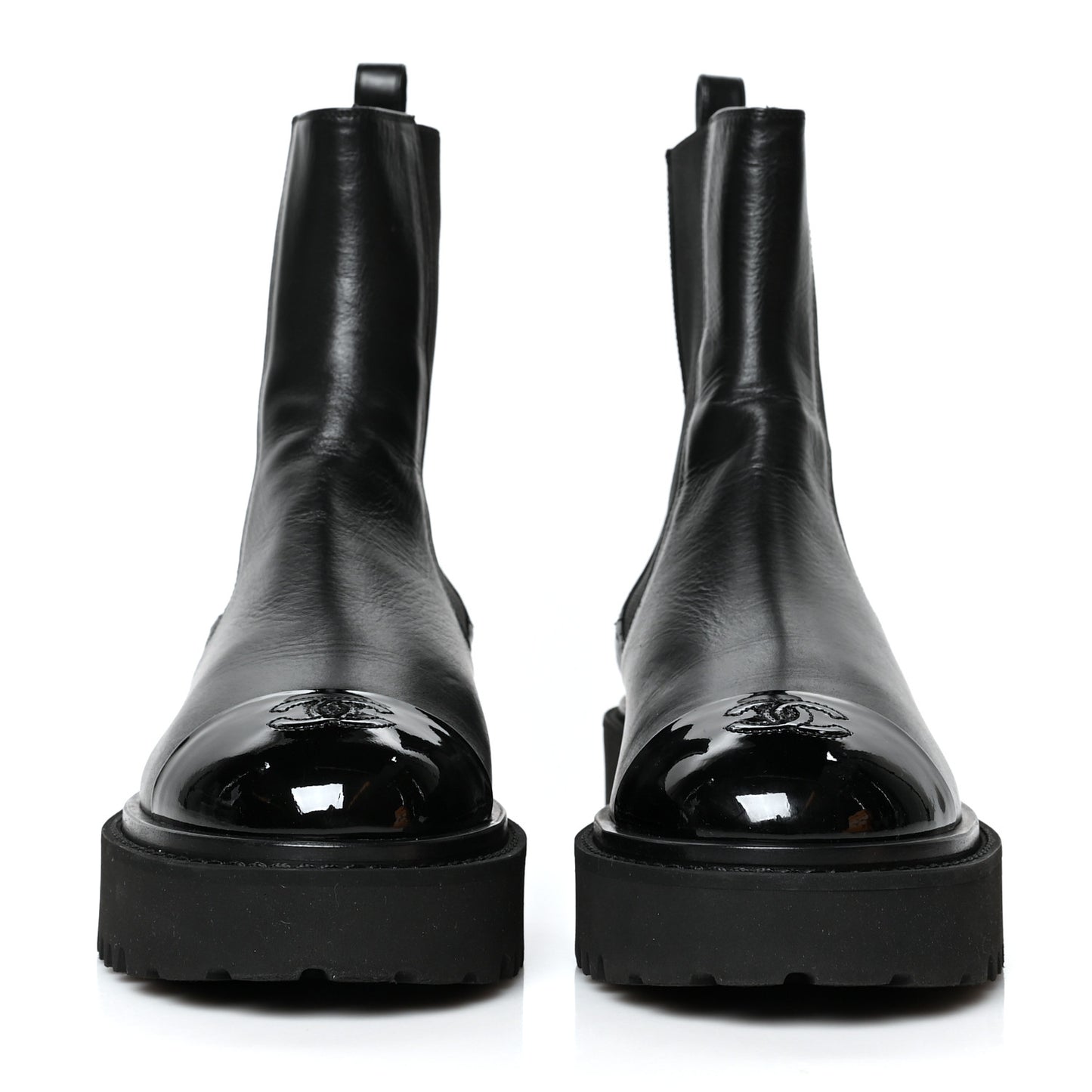 Crumpled Calfskin Patent Cap Toe Short Boots 38.5 Black