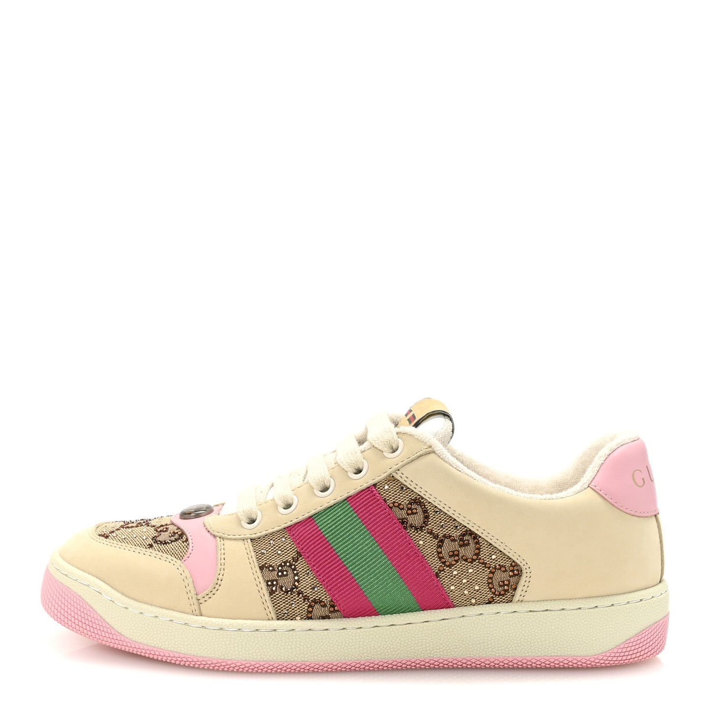 Calfskin GG Supreme Crystals Web Screener Sneakers 38 Beige Ebony Wild Rose