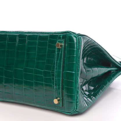Hermes Shiny Niloticus Crocodile Horseshoe Birkin 30 Vert Emeraude Black 8 of 38