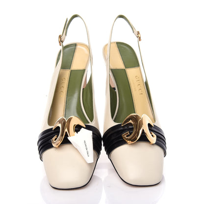 Gucci Malaga Kid Half Moon GG Square Toe Slingback Pumps 38.5 Vintage White Black 5 of 11
