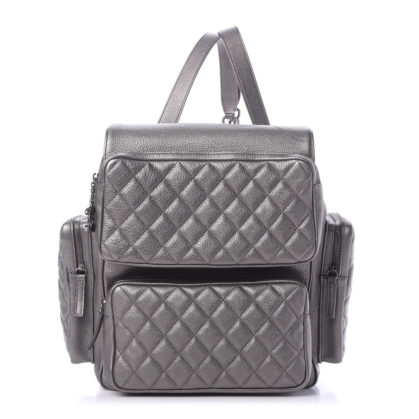 Metallic Grained Calfskin Quilted Large Casual Rock Backpack Charcoal