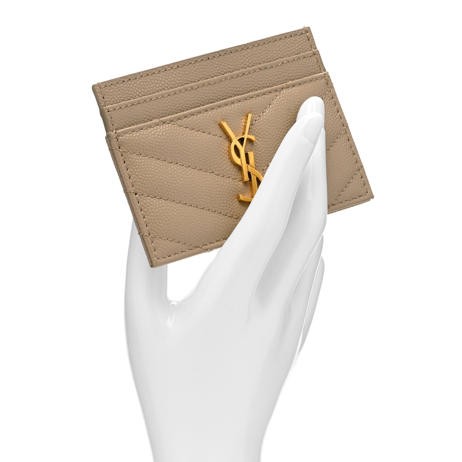 Saint Laurent Grain De Poudre Matelasse Chevron Monogram Credit Card Case Dark Beige 2 of 8