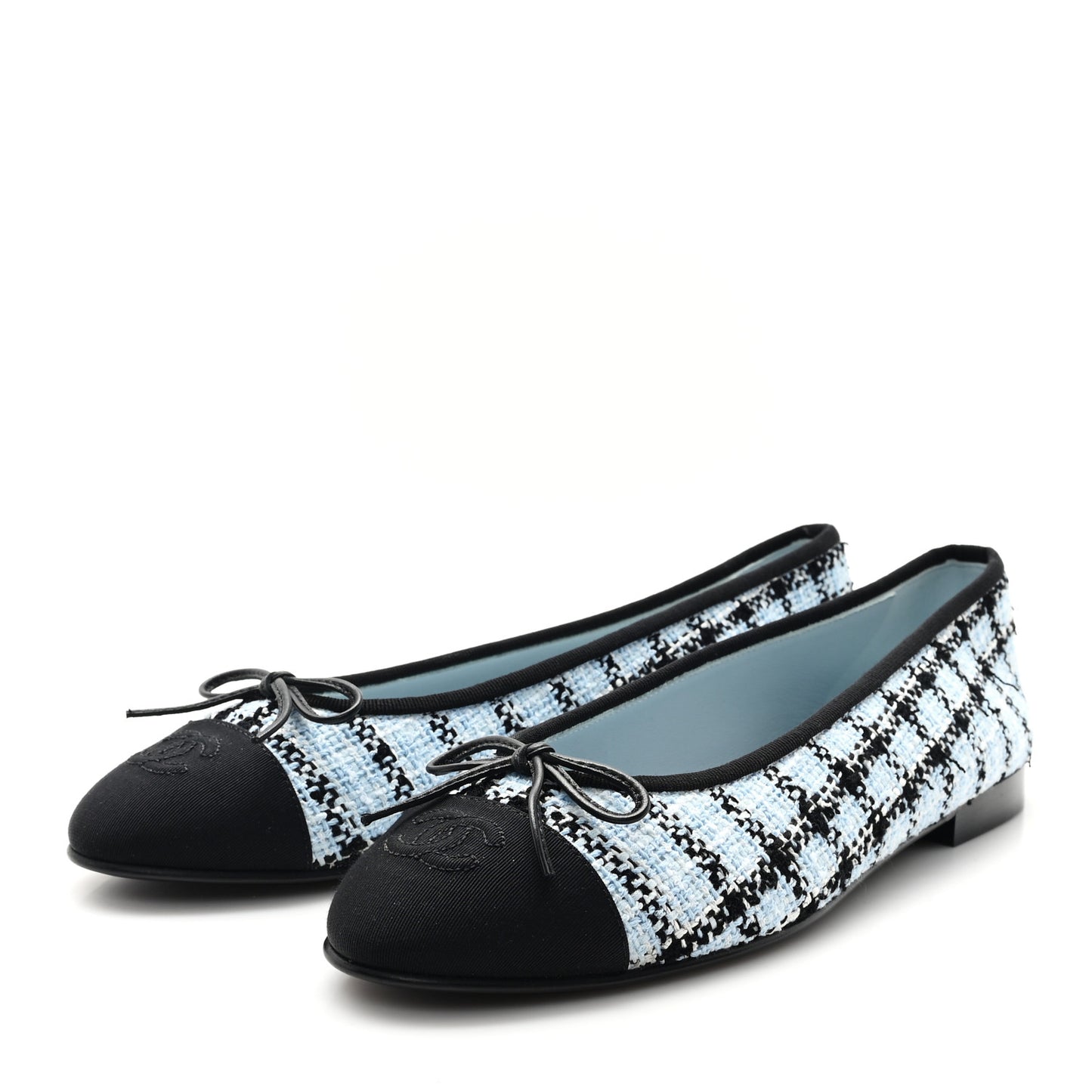 Tweed Grosgrain Cap Toe Ballerina Flats 39.5 Light Blue Black