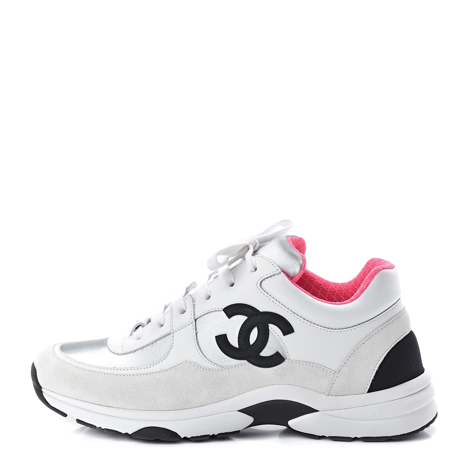 Chanel Suede Calfskin CC Sneakers 39 White Silver Fluo Pink 1 of 8