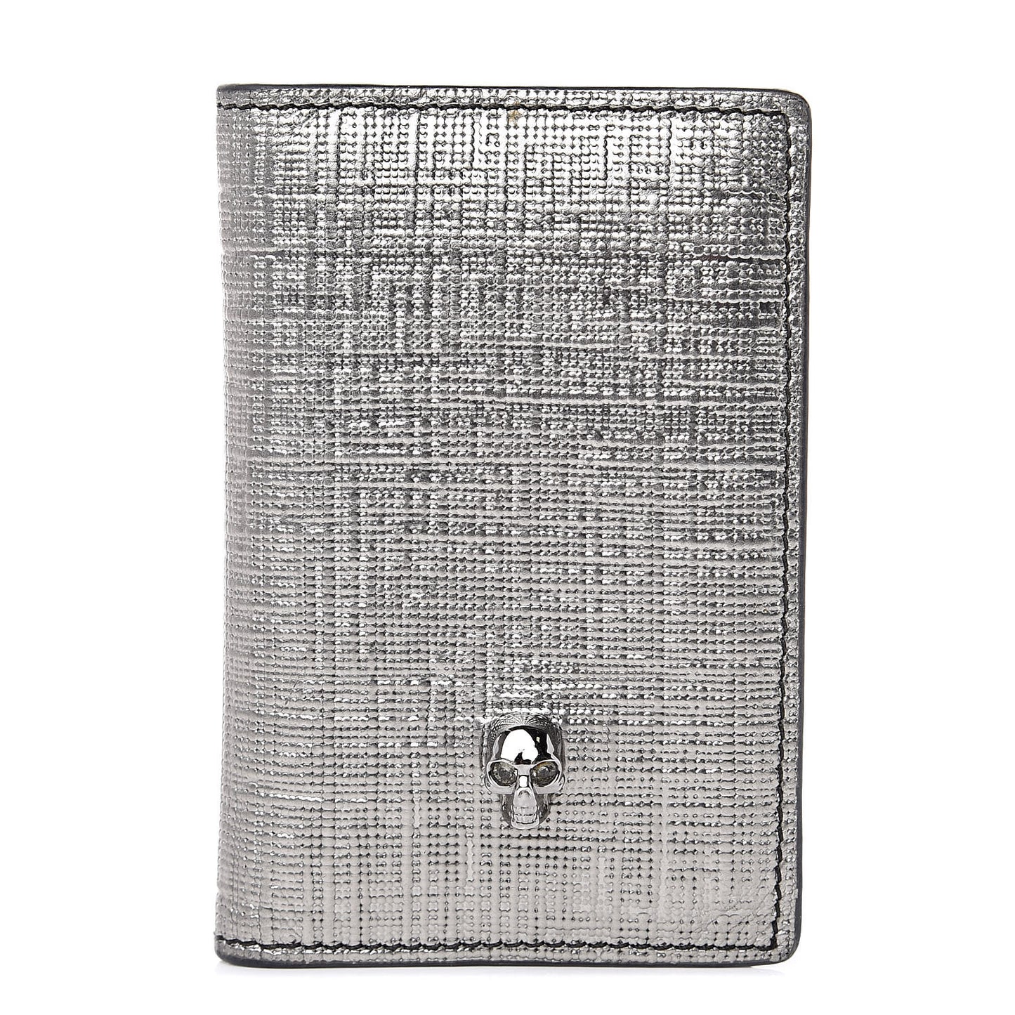 Metallic Textured Calfskin Skull Bi Fold Card Holder Silver