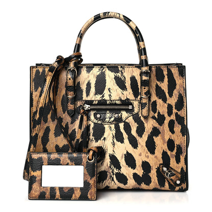 Balenciaga Grained Calfskin Leopard Print Papier Mini A4 Zip Around Tote Beige 1 of 9