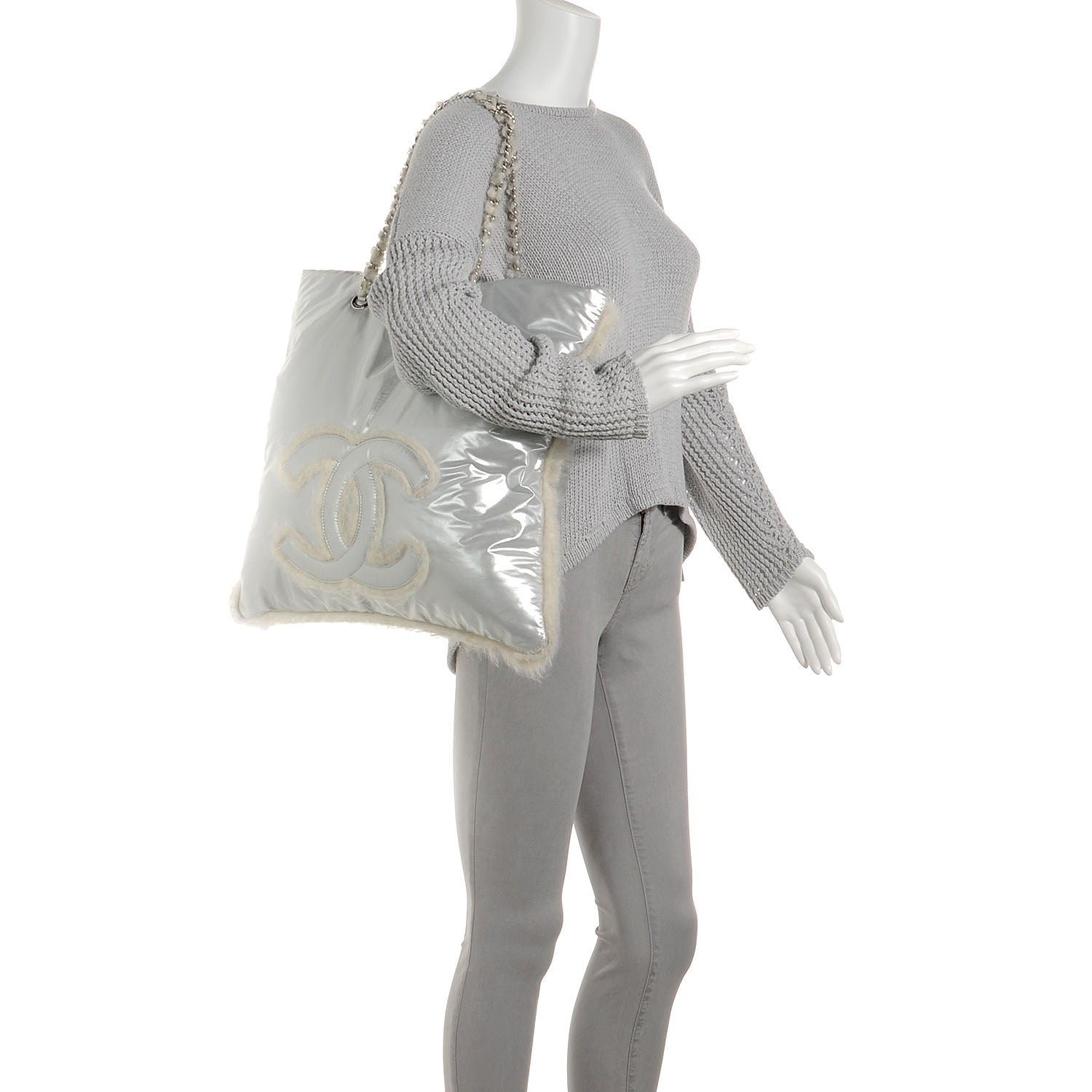 Chanel Vinyl Mohair Trimmed CC Bonbons Tote Silver 2 of 8