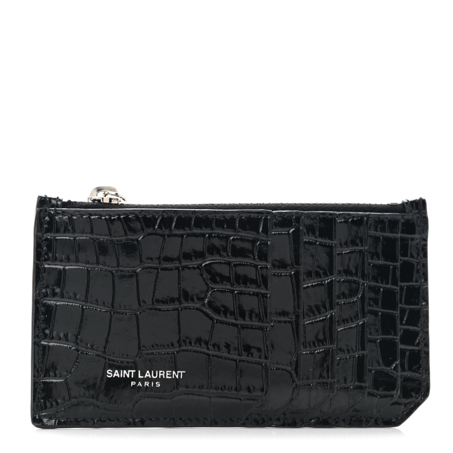 Calfskin Crocodile Embossed 5 Fragments Zip Pouch Card Holder Black