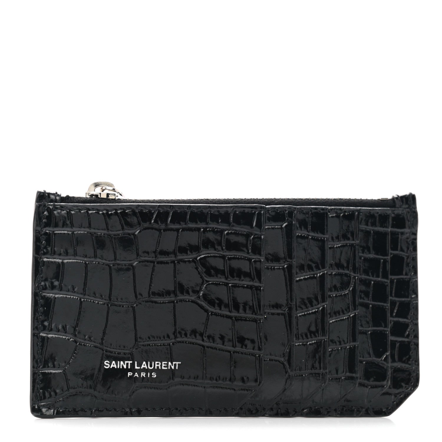 Saint Laurent Calfskin Crocodile Embossed 5 Fragments Zip Pouch Card Holder Black 1 of 7