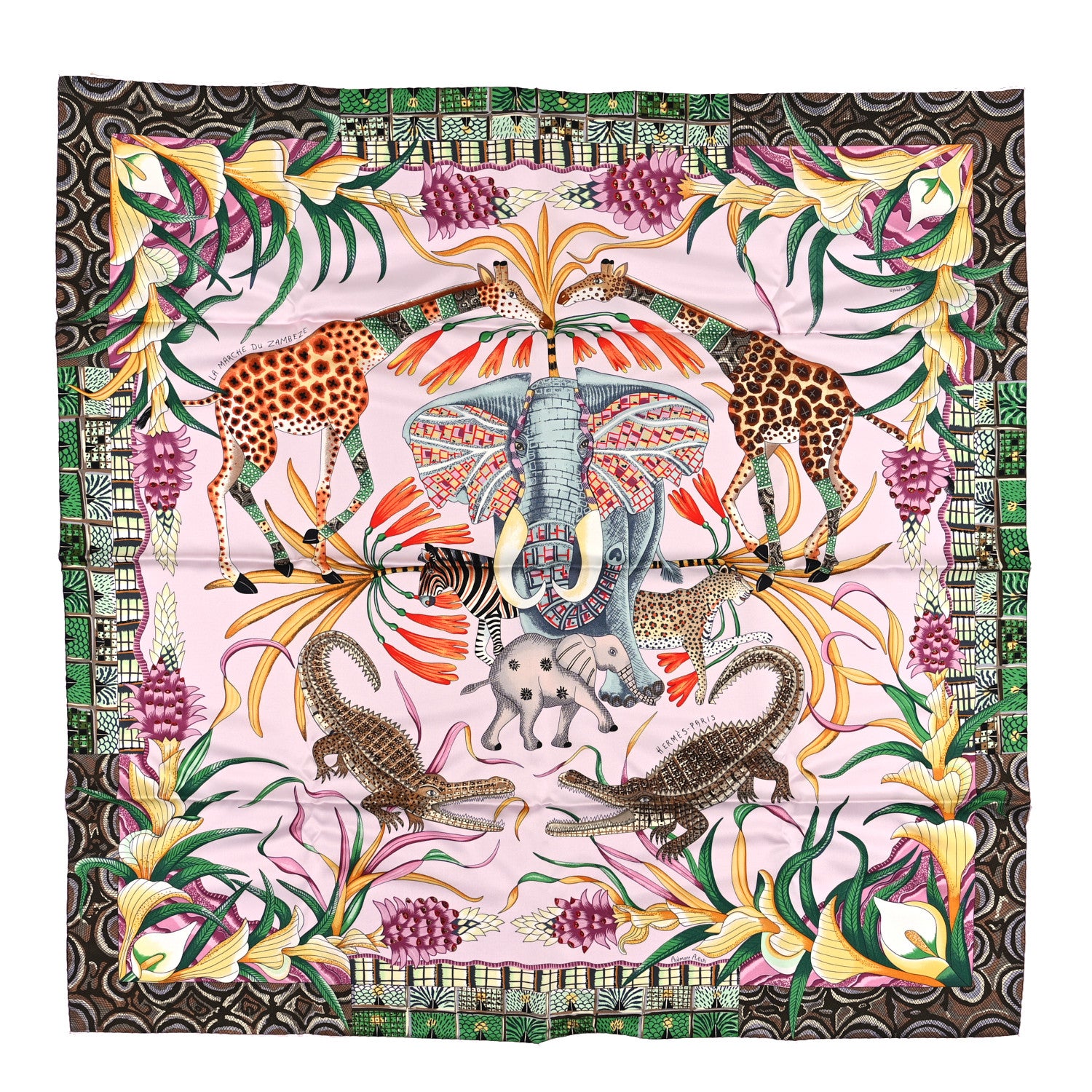 Hermes Silk La Marche Du Zambeze Scarf 90 Rose Pale Vert Jaune 1 of 3