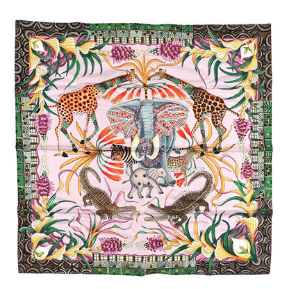 Hermes Silk La Marche Du Zambeze Scarf 90 Rose Pale Vert Jaune 1 of 3