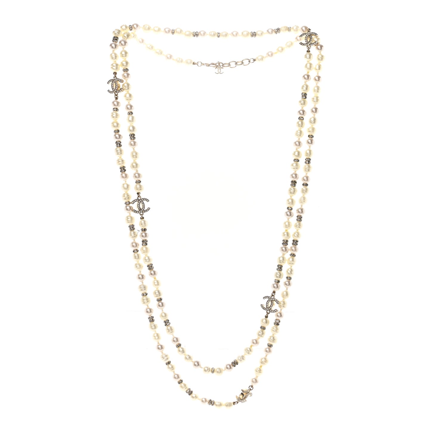 Crystal Pearl CC Long Necklace Light Gold