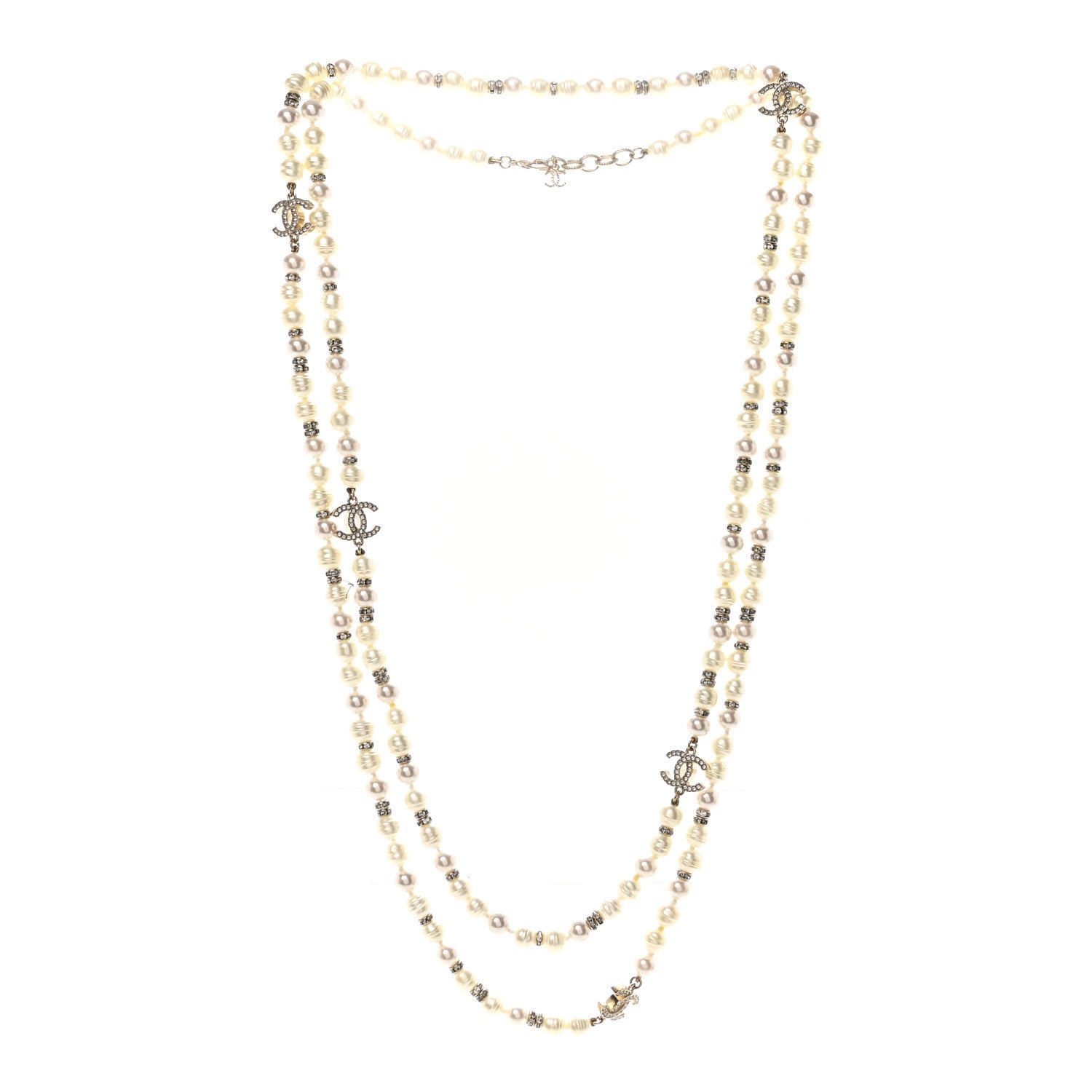 Chanel Crystal Pearl CC Long Necklace Light Gold 3 of 7