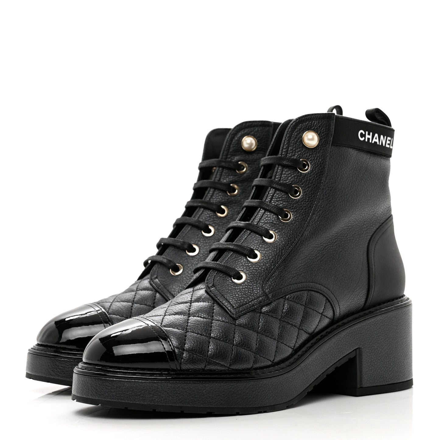 Pearly Calfskin Patent Calfskin Lace Up Combat Boots 38.5 Black
