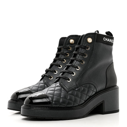 Chanel Pearly Calfskin Patent Calfskin Lace Up Combat Boots 38.5 Black 3 of 8
