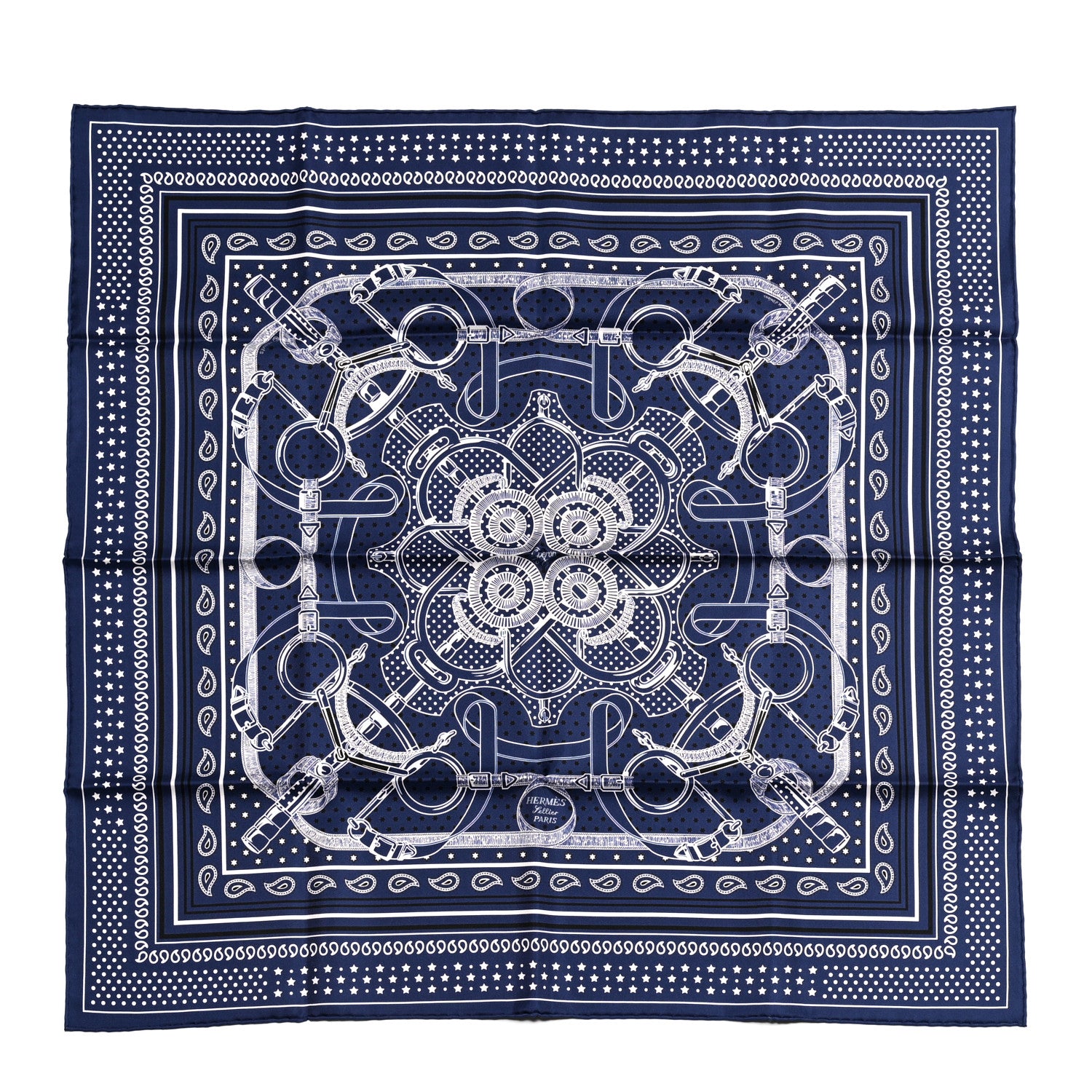 Hermes Silk Eperon D'Or Bandana Scarf 70 Marine White Black 1 of 5