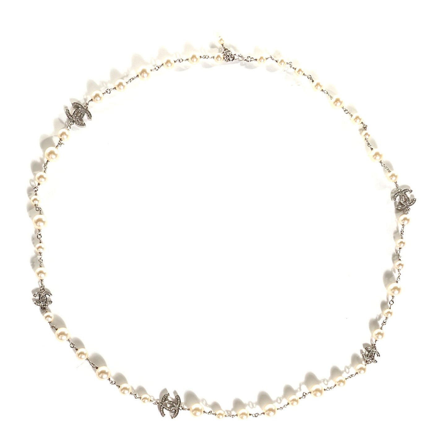 Crystal Pearl CC Long Necklace Silver