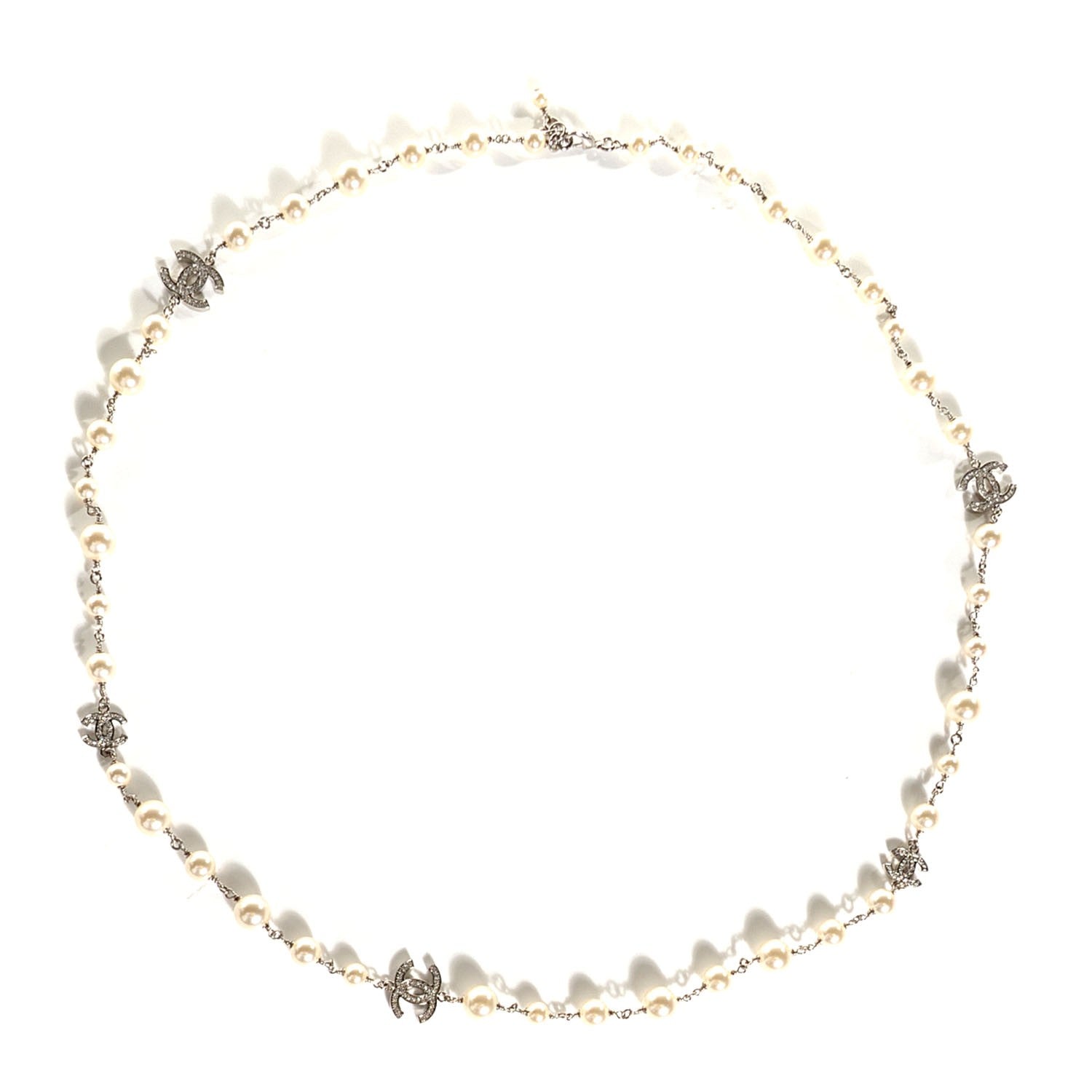 Chanel Crystal Pearl CC Long Necklace Silver 1 of 4