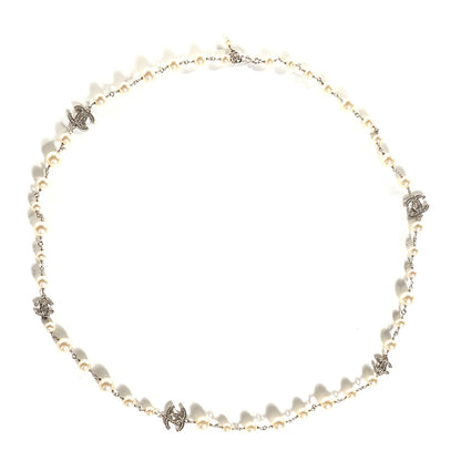 Chanel Crystal Pearl CC Long Necklace Silver 1 of 4