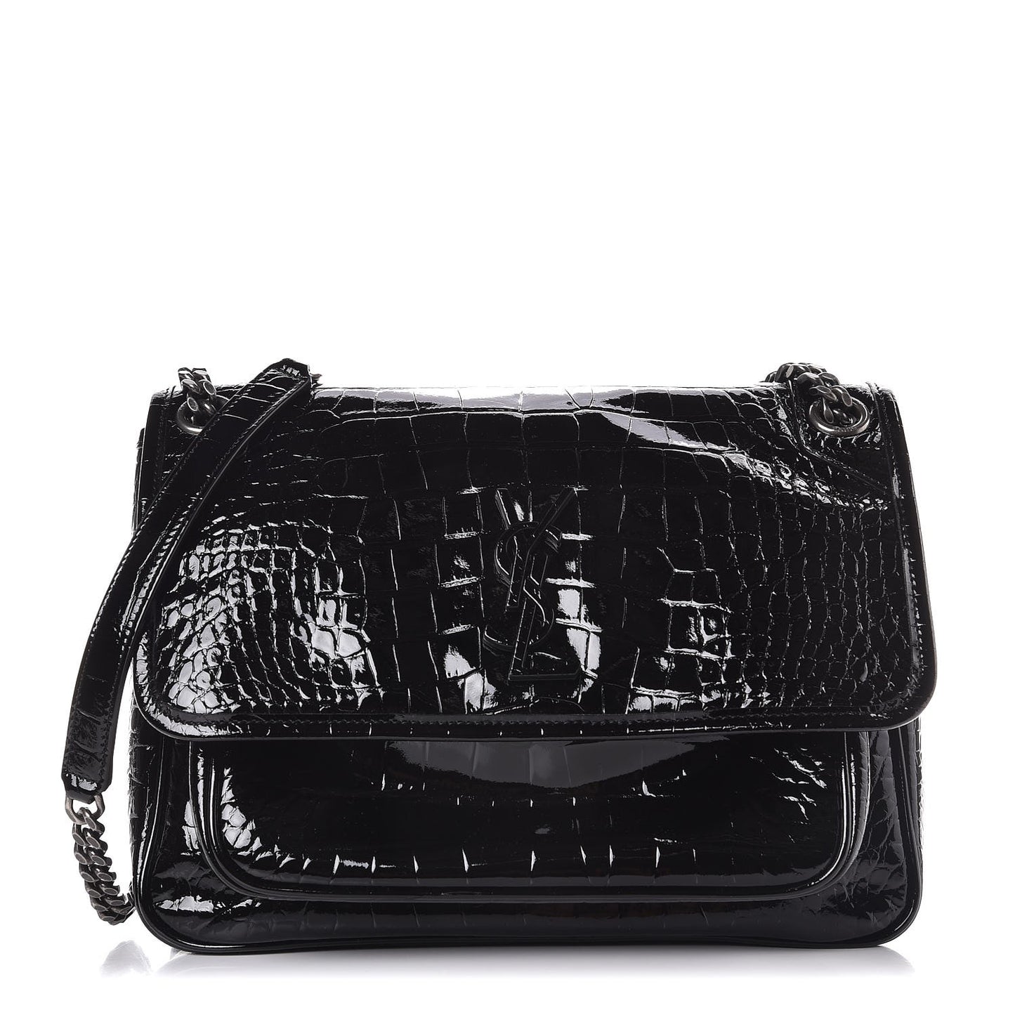 Patent Crocodile Embossed Lambskin Monogram Medium Niki Chain Satchel Black