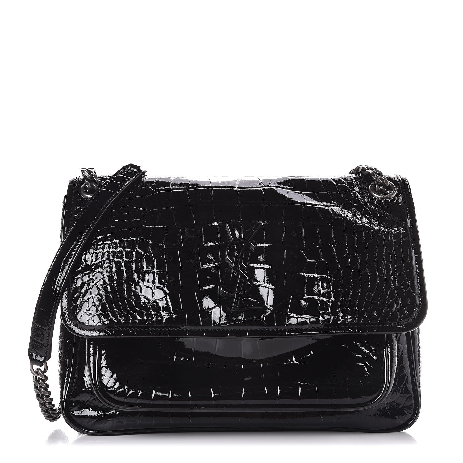 Saint Laurent Patent Crocodile Embossed Lambskin Monogram Medium Niki Chain Satchel Black 1 of 7