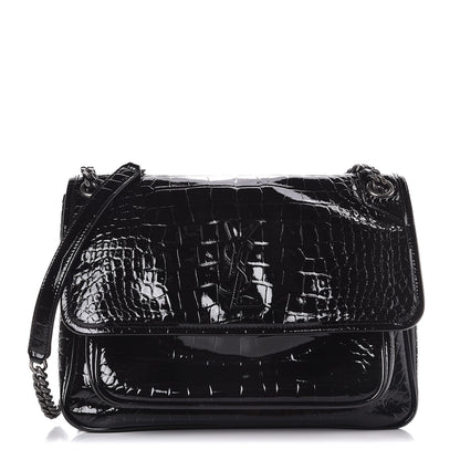 Saint Laurent Patent Crocodile Embossed Lambskin Monogram Medium Niki Chain Satchel Black 1 of 7