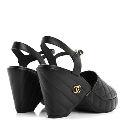 Chanel Lambskin Quilted Peep Toe Wedge Sandals 40 Black 5 of 12