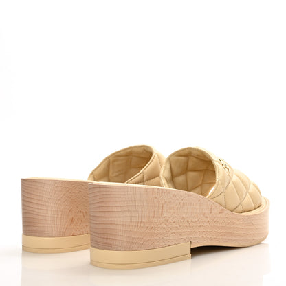 Chanel Lambskin Quilted CC Slip On Platform Sandals 39 Beige 4 of 9