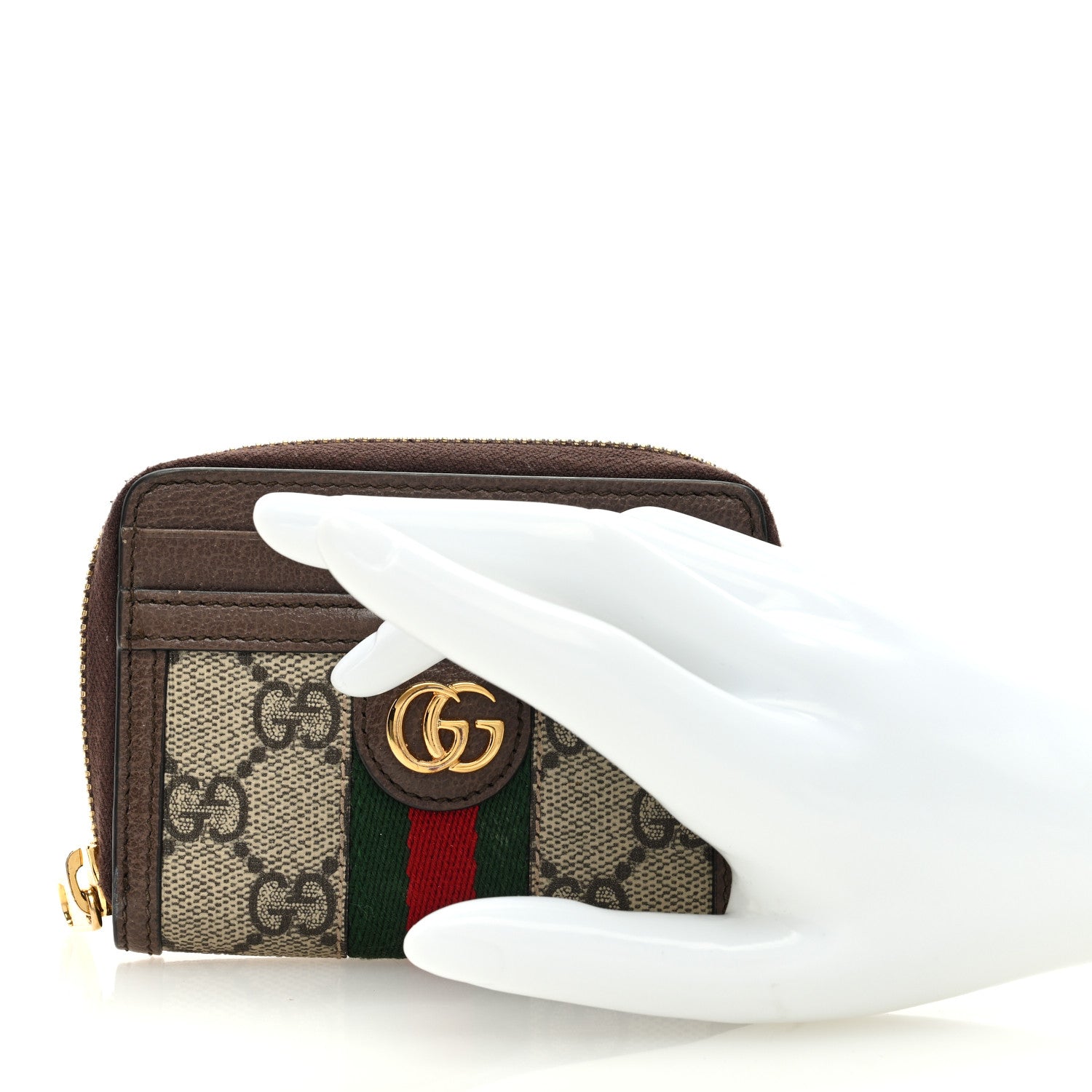 Gucci GG Supreme Monogram Textured Dollar Calfskin Web Ophidia Zip Around Card Case Wallet Beige Ebony New Acero 2 of 6