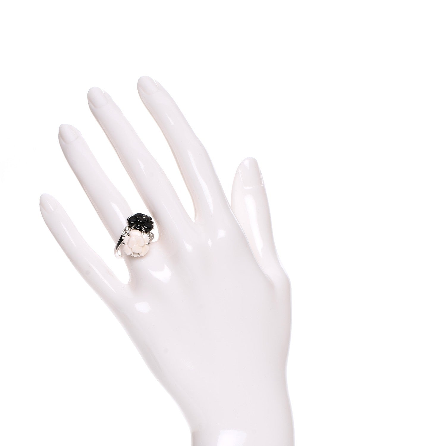 Chanel 18K White Gold Onyx White Agate Diamond Camellia Ring 4.5 2 of 6