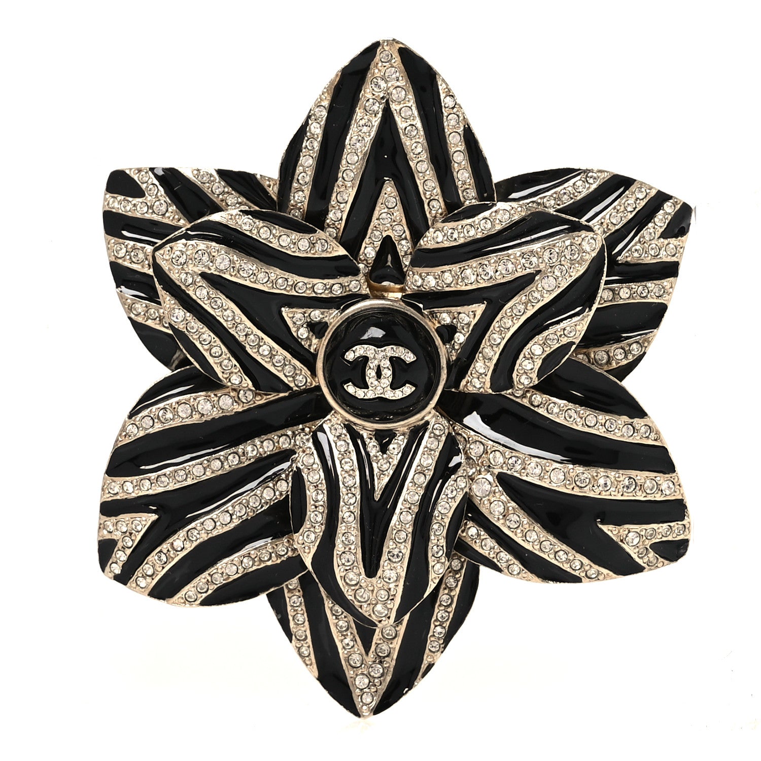 Chanel Metal Enamel Crystal CC Camelia Brooch Gold Black 1 of 6