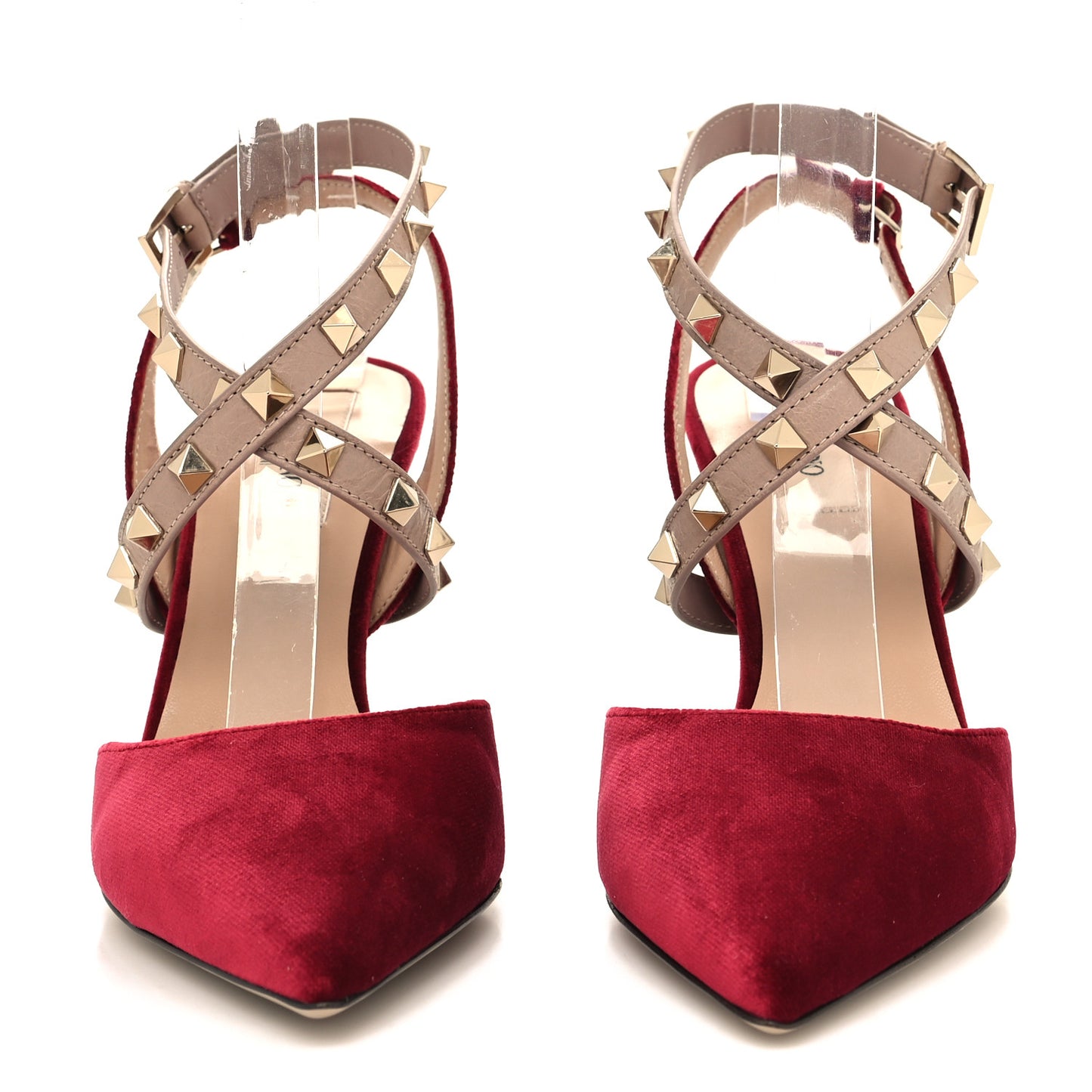 Velvet Calfskin Rockstud Cross Strap Slingback 90mm Pumps 36 Rubino Poudre