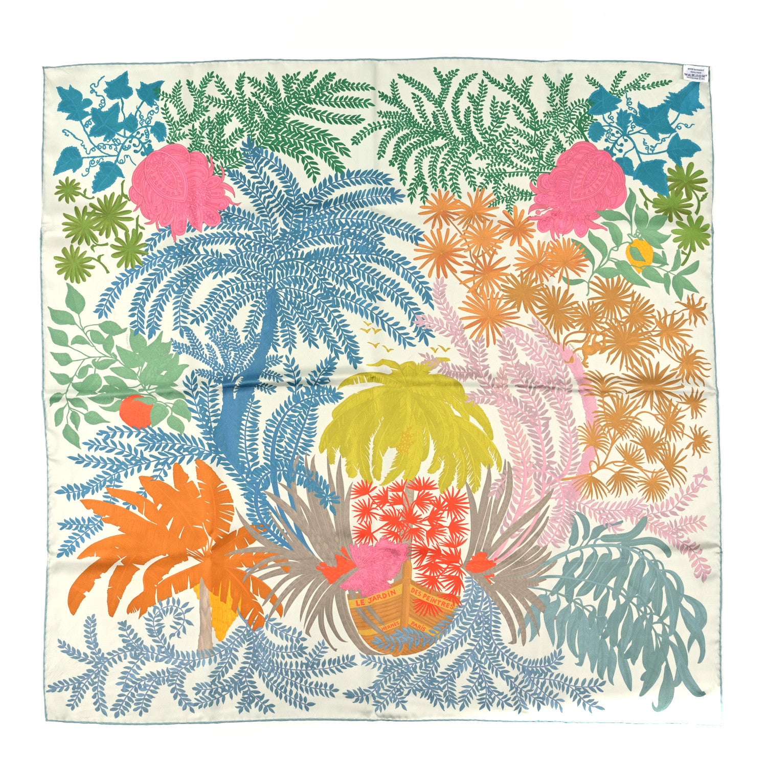Hermes Silk Le Jardin Des Peintres Double Face Scarf 90 White Vert Orange Cuit 2 of 4