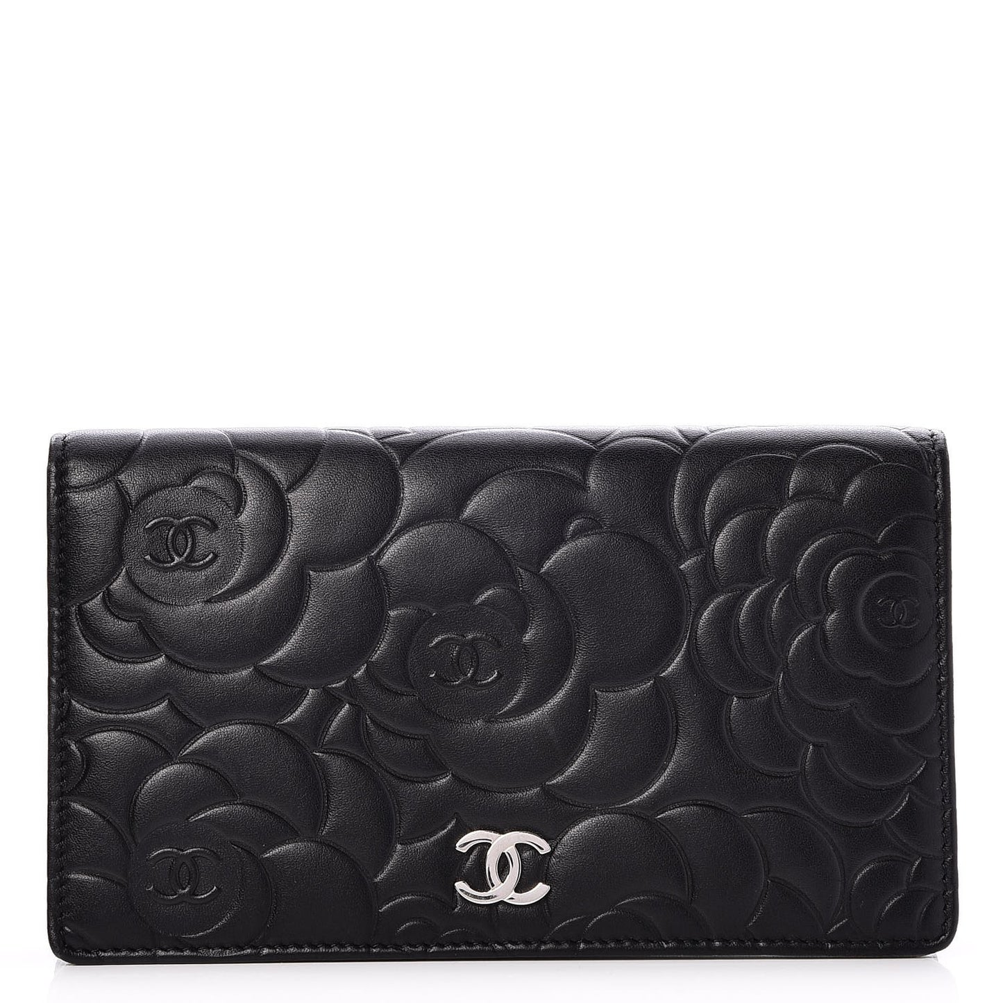 Lambskin Camellia Embossed Yen Wallet Black