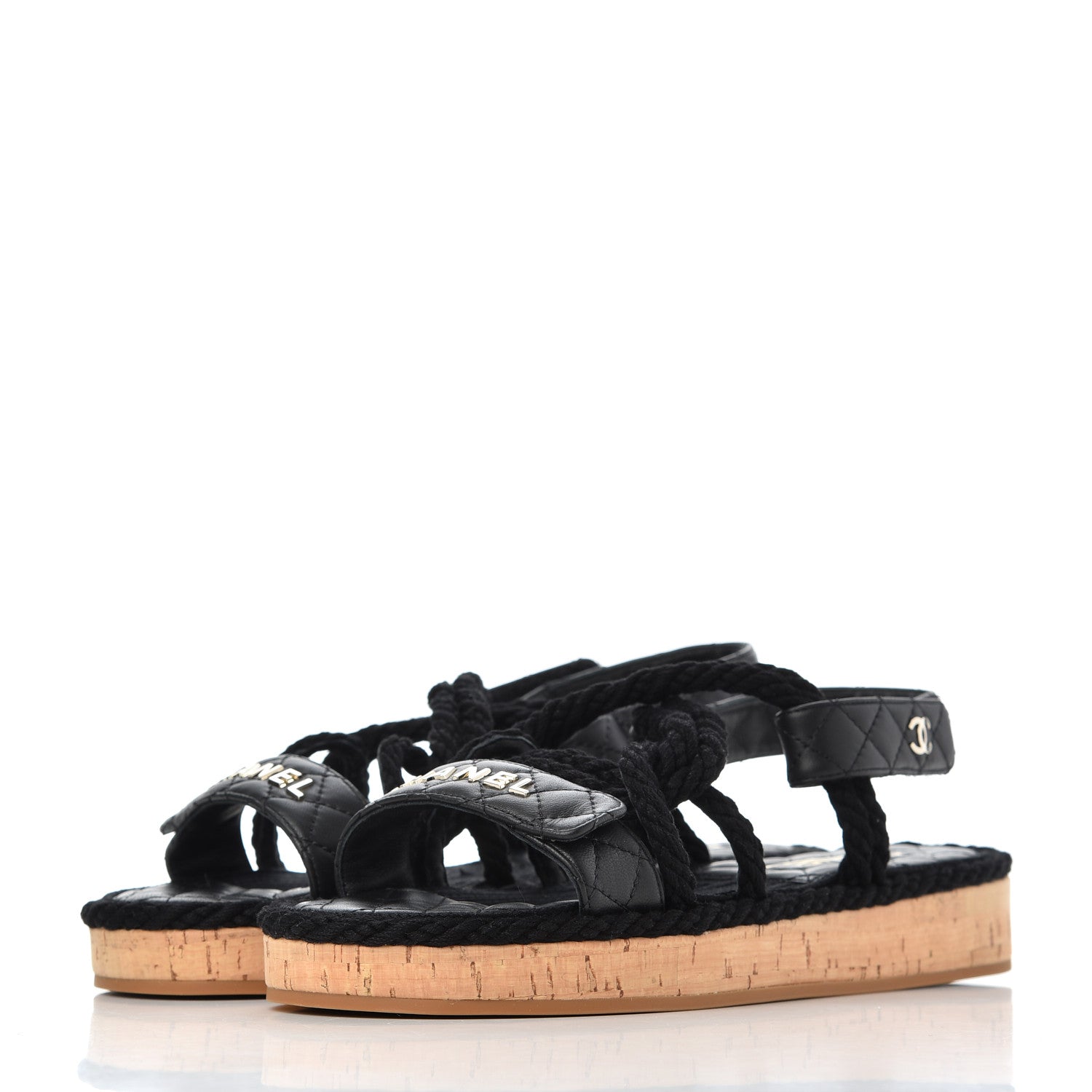Chanel Cord Lambskin Quilted Logo Sandals 39 Black 3 of 10
