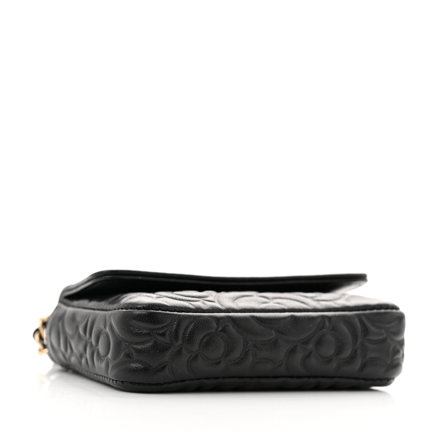 Lambskin Camellia Embossed Chain Belt Bag Black