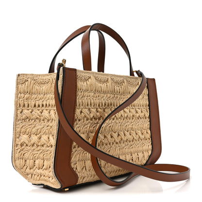 Valentino Garavani Raffia Calfskin Small Vlogo Signature Tote Natural Saddle Brown 3 of 9