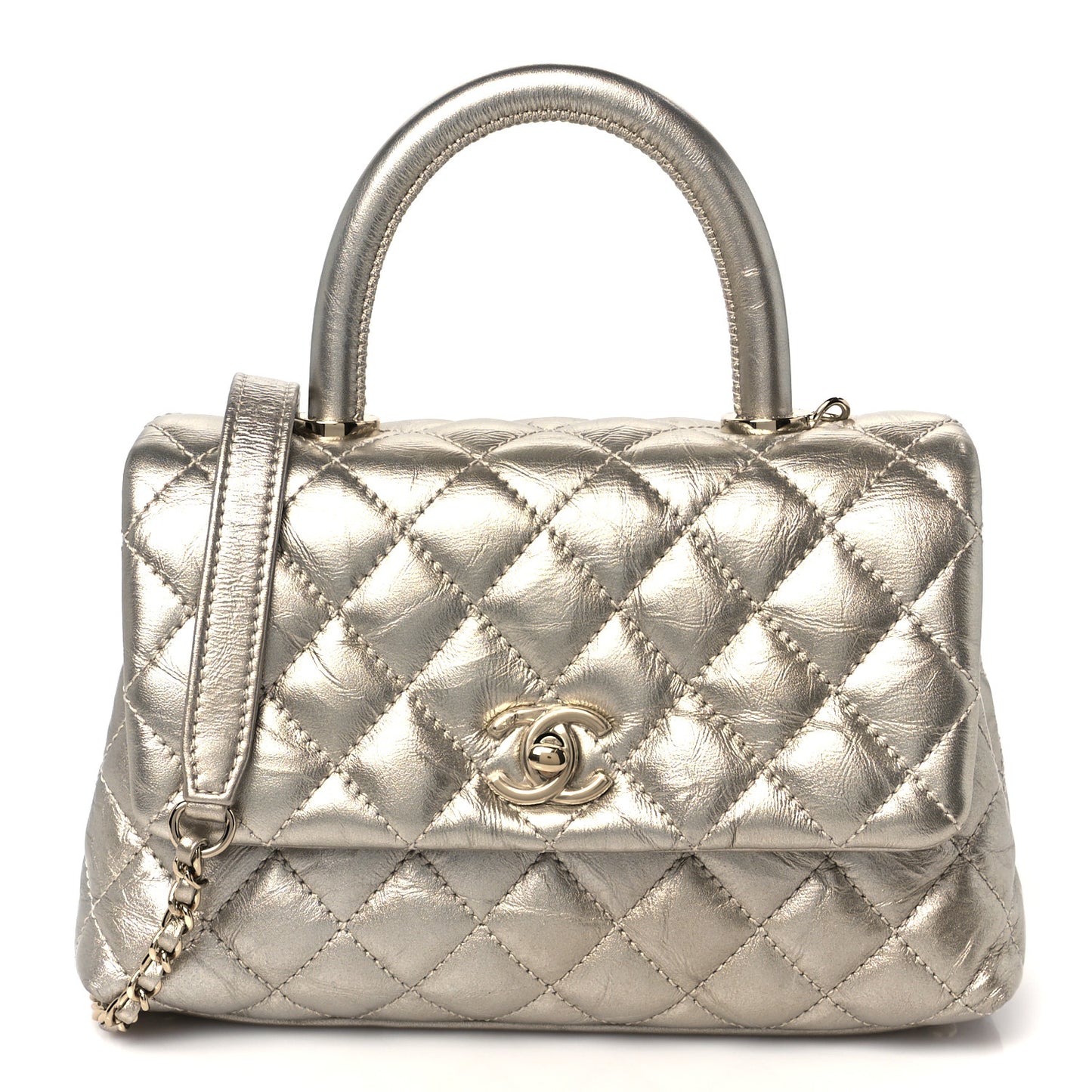 Metallic Aged Calfskin Quilted Mini Coco Handle Flap Gold