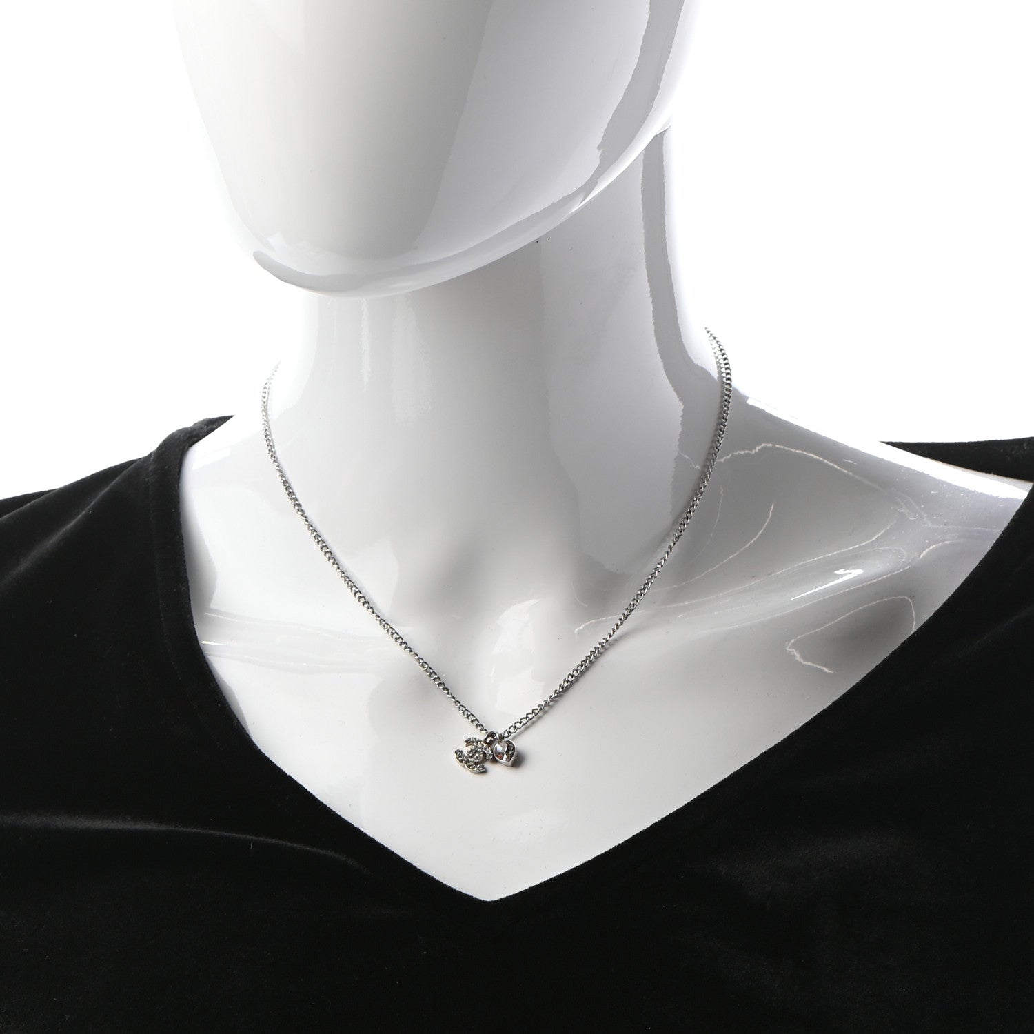 Chanel Crystal Mini Heart CC Necklace Silver 2 of 6
